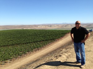 Viticulturist Justin Perino stands on top of the world, next to the Angel’s Wing vineyard block.